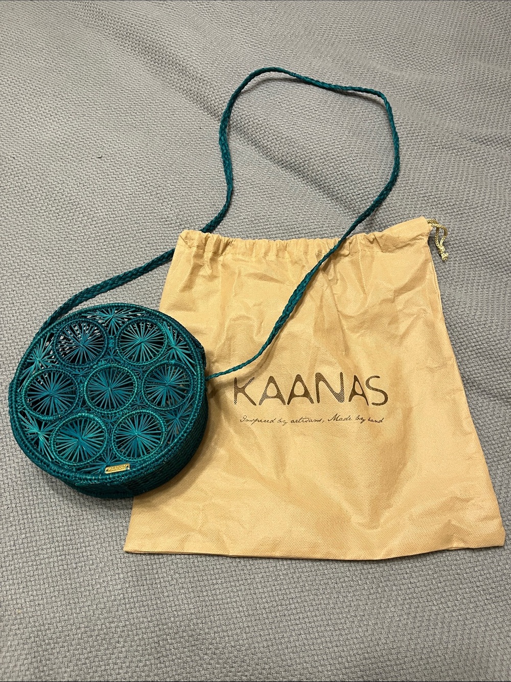 Kaanas Teal Round Woven Crossbody Bag with Braided Strap
